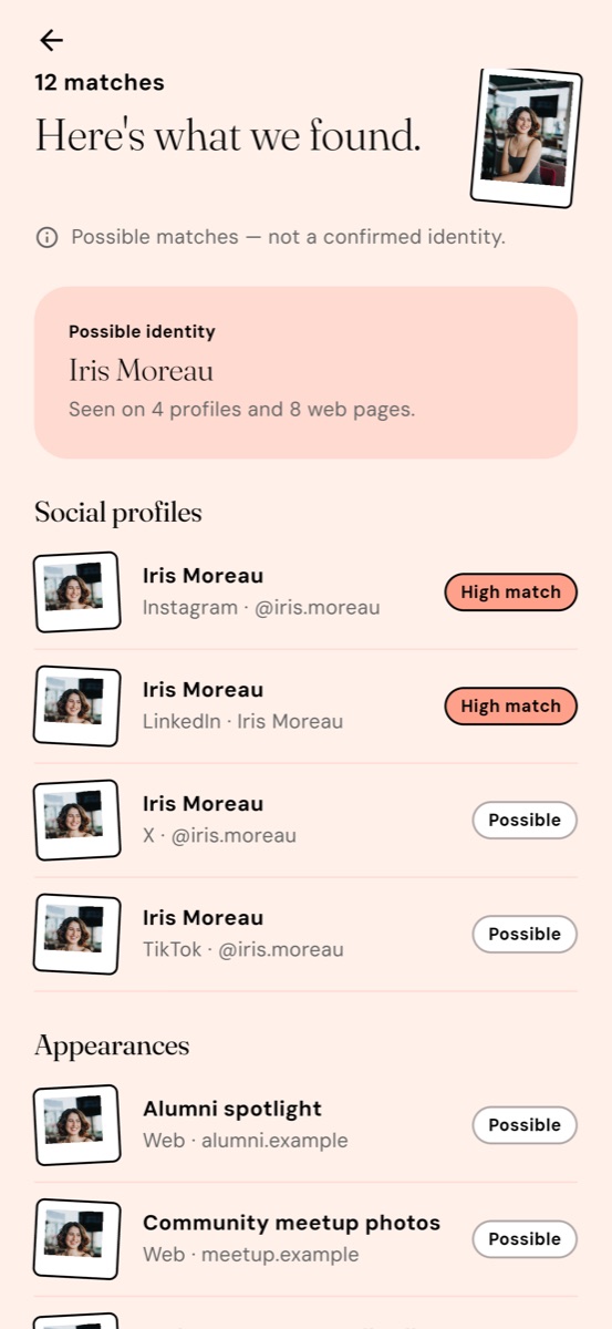 Wherely results: social profiles and web appearances